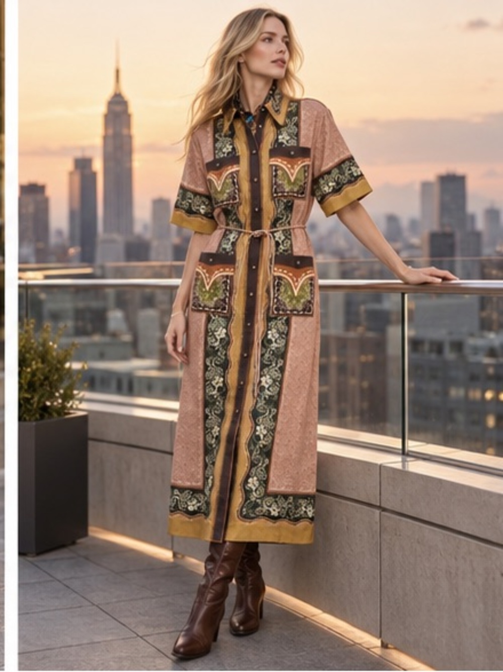 Alemais Dusty Rose and Mustard Boho Maxi Shirt Dress